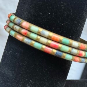 Vintage Pastel Shell Inlaid Brass Bangles Set of 3 1970s India Boho